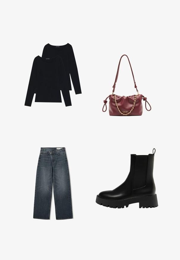 Czarny, dwurzędowy wełniany płaszcz o dopasowanym kroju, z klapami w kształcie litery notch, dwoma przednimi kieszeniami i zapięciem na guziki, charakteryzujący się prostym krojem.; Dwie czarne bluzki z długim rękawem w miękkim, prążkowanym materiale z szerokimi, okrągłymi dekoltami, charakteryzujące się prostym wzorem i gładką teksturą.; Jeans z ciemnego denimu o szerokim kroju, z wysokim stanem, pięcioma kieszeniami i subtelnym przetarciem z przodu.; Czarny skórzany botek za kostkę z fakturowaną boczną wstawką, zaokrąglonym noskiem i grubą platformą z bieżnikiem w zygzak.; Bordowa skórzana torebka z marszczonym wzorem, złotym akcentem w postaci łańcuszka, regulowanym paskiem oraz detalem z logo. Posiada wiązane uchwyty po bokach.