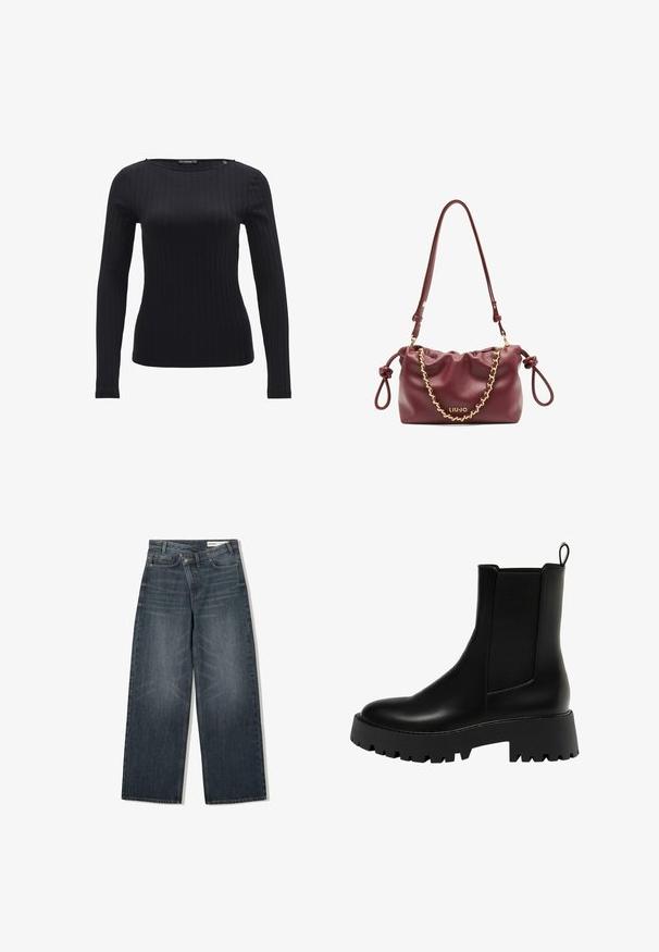 Zwarte, dubbelzijdige wollen jas met een tailored design, met revers, twee frontzakken en knoopsluitingen, met een rechte snit.; Zwarte geribbelde lange mouwen top met een ronde halslijn. Kenmerkt zich door een aansluitend ontwerp en textuurstof, wat zorgt voor een strakke silhouet.; Donker gewassen spijkerbroek met een wijde pijpdesign, voorzien van een hoge taille, vijf zakken en subtiele wassing aan de voorkant.; Zwarte leren enkelboot met een getextureerd zijpaneel, ronde neus en stevige platformzool met een zigzagprofiel.; Bordeaux leren handtas met een geplooid ontwerp, gouden kettingaccent, verstelbare schouderband en logo-detail. Voorzien van geknoopte zijhandvaten.
