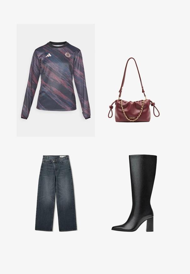 Crni vuneni kaput s dvostrukim kopčanjem, klasičnog kroja, s reverima, dva prednja džepa i kopčama na dugmadima, s ravnim krojem.; Dugotrajna sportska majica dugih rukava napravljena od teksturiranog crnog materijala s apstraktnim crvenim i plavim obrascima; sadrži adidas logo i grb tima na prsima.; Tamno pranje traperice s širokim nogavicama, visokim strukom, pet džepova i suptilnim batikiranjem na prednjem dijelu.; Crne čizme do koljena napravljene od umjetne kože s šiljastim vrhom, glatkom teksturom i debelom blok petom. Minimalistički dizajn bez vidljivih akcenata.; Bordo kožna torba s naboranim dizajnom, zlatnim lančićem kao akcentom, podesivim remenom i detaljem s logotipom. Ima čvoraste bočne ručke.