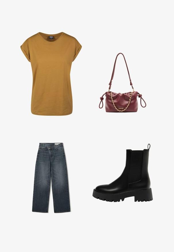 Musta, kaksirivinen villakangastakki, jossa on istuva muotoilu, hammastaskut, kaksi etutaskua ja napitus, ominaisuuksina suora leikkaus.; Sininen lyhythihainen T-paita, jossa on pyöreä kaula-aukko, valmistettu pehmeästä puuvillakankaasta. Paidan hihoissa on käänteet ja se on rentoa muotoilua.; Tummanpesun farkut, joissa on leveä lahje, korkea vyötärö, viisi taskua ja hienovarainen kulutusvaikutus etupuolella.; Mustan nahkaisen nilkkurit, joissa on teksturoitu sivupaneeli, pyöreä kärki ja paksu pohja, jossa on sakaratalla.; Burgundin nahkalaukku, jossa on kokoontuva muotoilu, kultaketjuviimeistely, säädettävä hihna ja logoyksityiskohta. Sisältää solmittuja sivukahvoja.