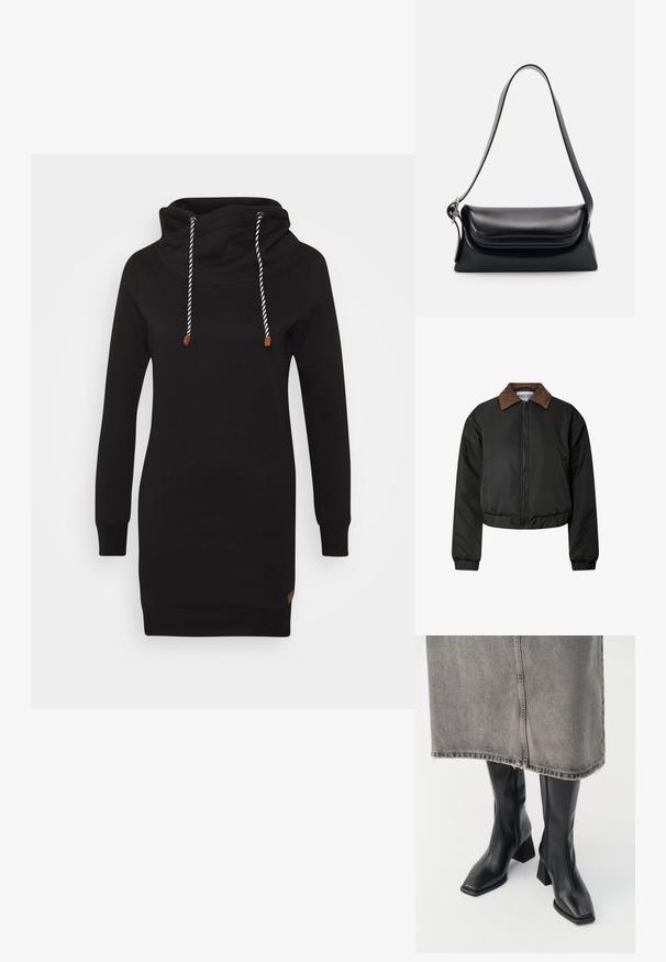 Črna skrajšana jakna s rjavim kordnim ovratnikom, sprednjim zadrgo, elastičnimi manšetami in robom, prikazana na belem ozadju.; ONLY ONLBETTE - Dnevna obleka - black; Črne škornje do kolen iz gladkega usnja s kvadratnim nosom in blok peto. Uporabljene s sivo denim krilom z raztrgano obrobo.; Črna usnjena torbica z oblikovano strukturo, gladko teksturo in eno naramnico. Opremljena je z diskretnim, zaobljenim pokrovom.