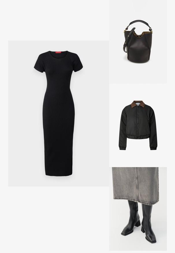 Zwarte croppende jas met een bruine corduroy kraag, met een voorrits, elastische manchetten en onderrand, weergegeven op een witte achtergrond.; MAX&Co. TERUEL - Etui-jurk - black; Zwarte laarzen tot de knie van soepel leer met een vierkante neus en blokhak. Draag ze met een grijze denim rok met een rafelige zoom.; Zwarte leren emmer tas met een gestructureerde afwerking, gouden hardware accenten en een open bovenkant. Heeft een korte handgreep en een verstelbare schouderriem.