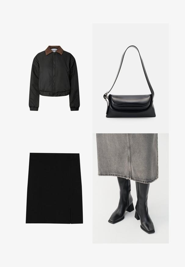Czarna krótka kurtka z brązowym kołnierzem z kordurowego materiału, z przodem na zamek błyskawiczny, elastycznymi mankietami i dołem, zaprezentowana na białym tle.; Oliwkowy dzianinowy sweter z okrągłym dekoltem, długimi rękawami i ribbowym wykończeniem. Charakteryzuje się skróconym fasonem i miękkim, teksturowanym wykończeniem.; Czarna mini spódnica z miękkiego materiału, o dopasowanym kroju, z delikatnym rozcięciem po boku dla dodatkowego akcentu.; Czarne kozaki za kolano z gładkiej skóry, o kwadratowym nosku i słupkowym obcasie. Noszone z szarym dżinsowym mini spódnicą z postrzępionym dołem.; Czarna skórzana torebka o zorganizowanym kształcie, gładkiej fakturze i pojedynczym pasku na ramię. Posiada subtelną, zaokrągloną klapkę.
