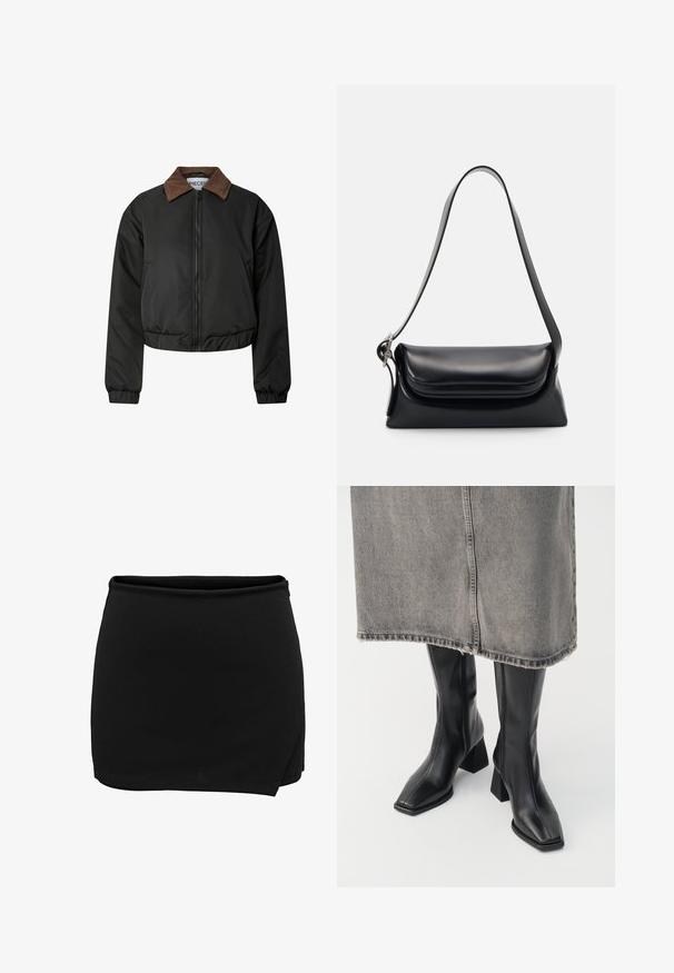 Mustasta lyhytjackettia, jossa on ruskea corduroy-kaulus, etuvetoketju, joustavat hihansuut ja helma, esitelty valkoista taustaa vasten.; Oliivihreä neulepaita, jossa on pyöreä kaula-aukko, pitkät hihat ja ribattu helma. Sisältää lyhennetyn muotoilun pehmeällä, teksturoidulla pinnalla.; Musta hame, jossa on joustava vyötärö, ja joka on kääntömuotoilulla. Valmistettu sileästä kankaasta, sillä on yksinkertainen ja siisti siluetti. Ei lisäyksityiskohtia.; Mustat polvipituiset kengät sileästä nahasta, neliskulmaisella kärjellä ja paksulla korolla. Yhdistetty harmaisiin farkkuhameeseen, jossa on revitty helma.; Musta nahkainen käsilaukku, jossa on jämäkkä muoto, sileä pinta ja yksi olkahihna. Sisältää hienovaraisen, pyöristetyn läppädesignin.