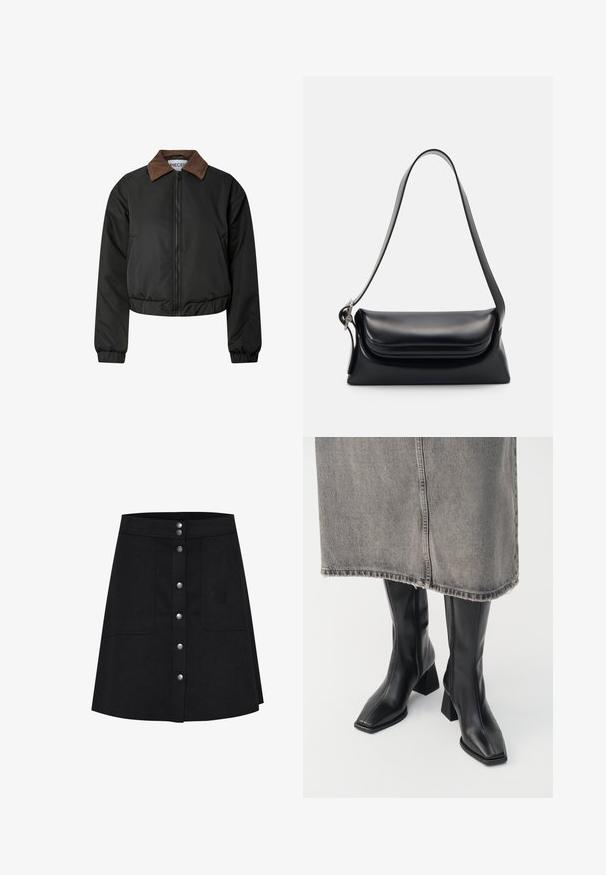 Crna skraćena jakna s ovratnikom od smešnog baršuna, prednjim zipom, elastičnim manžetama i rubom, prikazana na bijeloj pozadini.; Maslinasto zeleni pleteni džemper s okruglim izrezom, dugim rukavima i rebrastim rubom. Ima skraćeni dizajn s mekanim, teksturiranim završetkom.; Crna A-line suknja od teksturirane tkanine, s prednjim kopčanjem na gumbe, dva bočna džepa i dužinom do koljena.; Crne čizme do koljena od glatke kože s pravim vrhom i blok-petom. Uparene s sivi traper suknjom s rastrganim rubom.; Crna kožna torba s oblikom koji je strukturiran, glatkom teksturom i jednim remenom za rame. Ima suptilan, zaokružen dizajn preklopa.