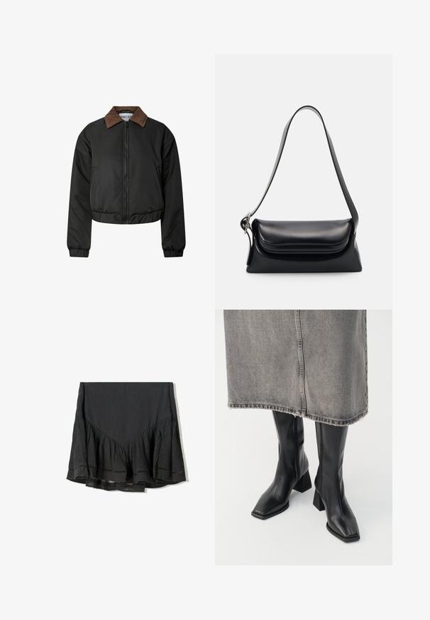 Giacca nera cropped con colletto in velluto a coste marrone, chiusura frontale con zip, polsini elasticizzati e orlo, esposta su sfondo bianco.; Maglione lavorato a maglia verde oliva con collo rotondo, maniche lunghe e orlo a coste. Presenta un design cropped con una finitura morbida e testurizzata.; Gonna nera con orlo a balze stratificato, realizzata in tessuto testurizzato. Presenta dettagli a taglio lungo il bordo inferiore e un design a forma di V nella parte superiore.; Stivali neri al ginocchio in pelle liscia con punta squadrata e tacco a blocco. Indossati con una gonna in denim grigia con orlo sfilacciato.; Borsa a tracolla nera in pelle con una forma strutturata, una texture liscia e una singola tracolla. Presenta un design a patta arrotondata e discreta.