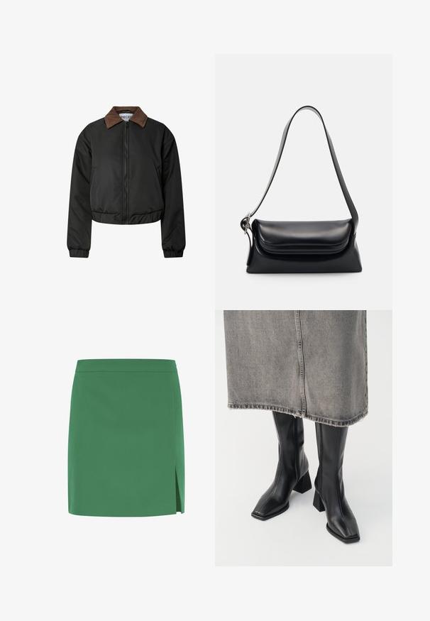 Schwarze kurz geschnittene Jacke mit braunem Cordkragen, Frontreißverschluss, elastischen Bündchen und Saum, auf weißem Hintergrund präsentiert.; Olivgrüner Strickpullover mit Rundhalsausschnitt, langen Ärmeln und geripptem Saum. Verfügt über ein kurzes Design mit einer weichen, strukturierten Oberfläche.; Grüne Minirock mit glatter Textur, gerade geschnitten und mit einem seitlichen Schlitz für zusätzliche Details. Schlichtes, unverziertes Design.; Schwarze knielange Stiefel aus glattem Leder mit quadrater Zehenpartie und Blockabsatz. Getragen mit einem grauen Jeansrock mit ausgefranstem Saum.; Schwarze Lederhandtasche mit strukturiertem Design, glatter Textur und einem einzelnen Schulterriemen. Verfügt über ein dezentes, abgerundetes Klappendesign.