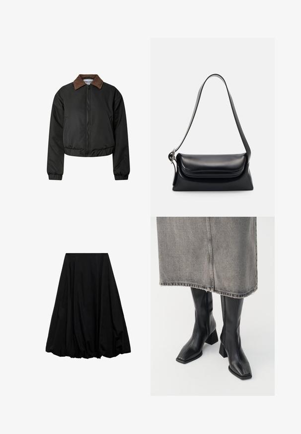 Schwarze kurz geschnittene Jacke mit braunem Cordkragen, Frontreißverschluss, elastischen Bündchen und Saum, auf weißem Hintergrund präsentiert.; Olivgrüner Strickpullover mit Rundhalsausschnitt, langen Ärmeln und geripptem Saum. Verfügt über ein kurzes Design mit einer weichen, strukturierten Oberfläche.; Schwarzer Midi-Rock aus leichtem Stoff, mit voluminösem Schnitt, der am Saum geraffte Details und ein plissiertes Design an der Taille aufweist.; Schwarze knielange Stiefel aus glattem Leder mit quadrater Zehenpartie und Blockabsatz. Getragen mit einem grauen Jeansrock mit ausgefranstem Saum.; Schwarze Lederhandtasche mit strukturiertem Design, glatter Textur und einem einzelnen Schulterriemen. Verfügt über ein dezentes, abgerundetes Klappendesign.