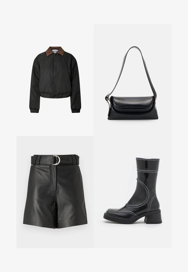 Black cropped jacket with brown corduroy collar, front zipper, elastic cuffs, and hem, displayed on white background.; Olive green knitted sweater with a round neck, long sleeves, and ribbed hem. Features a cropped design with a soft, textured finish.; Black leather shorts with a wide belt featuring a silver circular buckle. Smooth texture with a tailored fit and front zipper detail.; Black patent leather ankle boot with white stitching, rounded toe, and block heel. Features curved design lines and a smooth texture.; Black leather handbag with a structured shape, a smooth texture, and a single shoulder strap. Features a subtle, rounded flap design.
