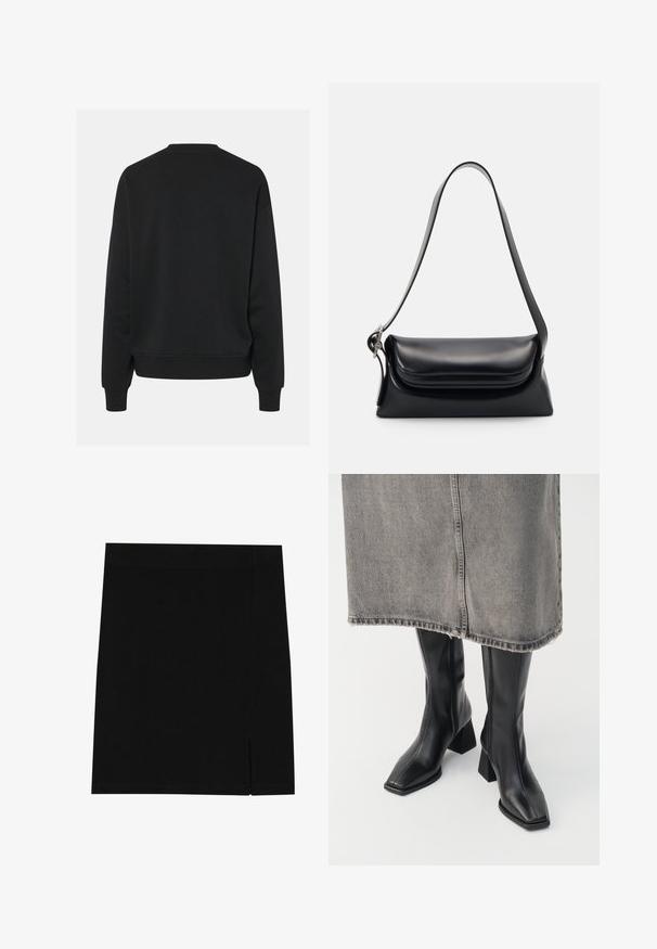 Chaqueta negra corta con cuello de pana marrón, cremallera frontal, puños elásticos y dobladillo, presentada sobre fondo blanco.; Sudadera negra con cuello redondo y mangas largas, con un ajuste relajado y puños acanalados. Textura de tela suave, sin patrones visibles.; Mini falda negra de tejido suave con un diseño ajustado, que presenta una ligera abertura en el costado para mayor detalle.; Botas negras hasta la rodilla de cuero liso con punta cuadrada y tacón cuadrado. Llevadas con una falda de mezclilla gris con dobladillo desflecado.; Bolso de piel negra con una forma estructurada, una textura suave y una sola correa para el hombro. Presenta un diseño de tapa sutil y redondeado.