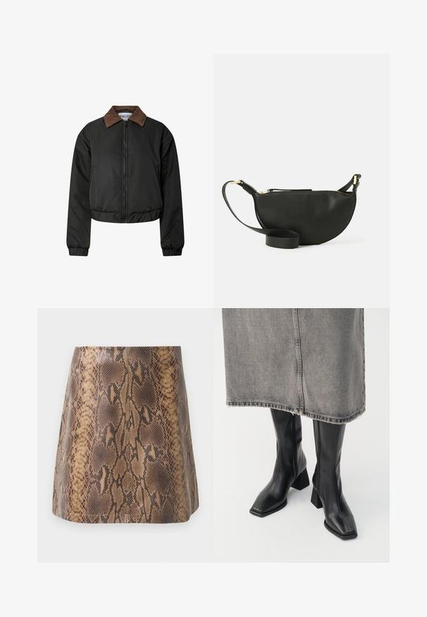 Chaqueta negra corta con cuello de pana marrón, cremallera frontal, puños elásticos y dobladillo, presentada sobre fondo blanco.; Camisa blanca de manga larga con botones, hecha de algodón. Presenta un cuello clásico y un sutil bordado de la marca en el pecho. Textura suave.; Falda mini de imitación de piel de serpiente marrón, hecha de cuero sintético, con una textura suave, silueta ajustada y sutiles detalles en las costuras.; Botas negras hasta la rodilla de cuero liso con punta cuadrada y tacón cuadrado. Llevadas con una falda de mezclilla gris con dobladillo desflecado.; Bolso de cuero negro cruzado con forma de media luna, superficie texturizada, cierre de cremallera dorado y una correa plana. Diseño compacto adecuado para lo esencial.
