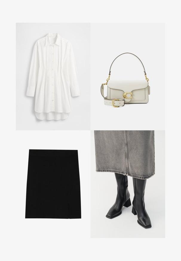 Mustasta lyhytjackettia, jossa on ruskea corduroy-kaulus, etuvetoketju, joustavat hihansuut ja helma, esitelty valkoista taustaa vasten.; Valkoinen pitkähihainen paita, valmistettu puuvillasta; siinä on edessä napitus, terävä kaulus ja kaartuva helma, jossa takapuoli on hieman pidempi.; Mustat minihameet pehmeästä kankaasta, tiukka muotoilu, sivussa on pieni halkio lisäyksinä.; Mustat polvipituiset kengät sileästä nahasta, neliskulmaisella kärjellä ja paksulla korolla. Yhdistetty harmaisiin farkkuhameeseen, jossa on revitty helma.; Valkoinen nahkalaukku kultaisilla metalliosilla, jossa on läppäkiinnitys ja irrotettava, säädettävä hihna. Keskellä pyöreä metallikoriste.