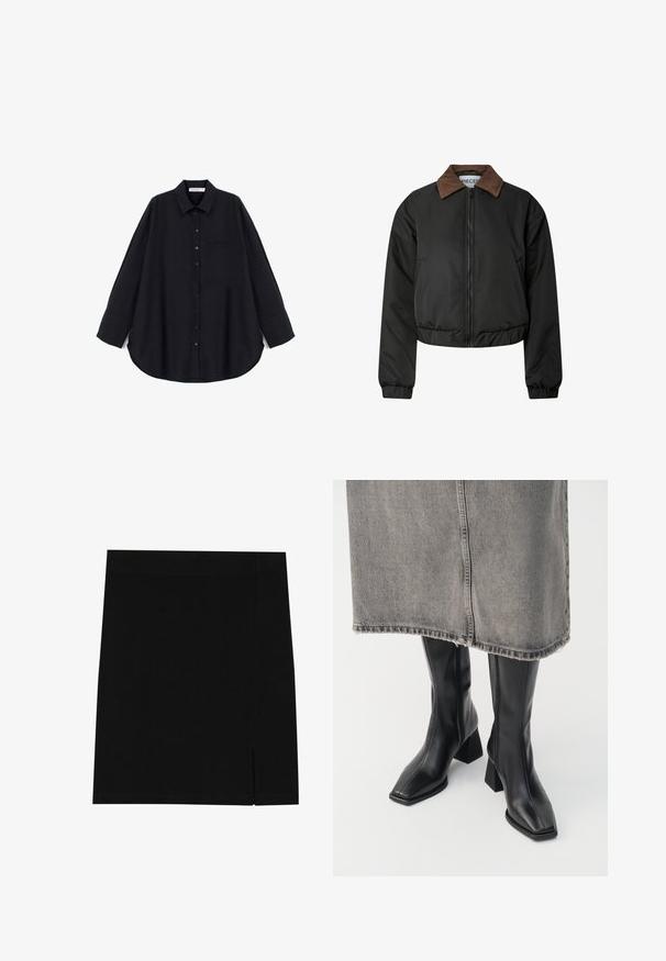 Černá zkrácená bunda s hnědým kordovým límcem, předním zipem, elastickými manžetami a lemem, vystavená na bílém pozadí.; Černá košile na knoflíky z texturované látky. Obsahuje špičatý límeček, dlouhé rukávy, kapsu na prsou a zakřivený lem.; Černá mini sukně z jemné tkaniny s přiléhavým střihem, která má mírný rozparek na boku pro přidaný detail.; Černé kozačky do půli stehen z hladké kůže se čtveratou špičkou a blokovým podpatkem. Nosené s šedou džínovou sukní s třepeným lemem.