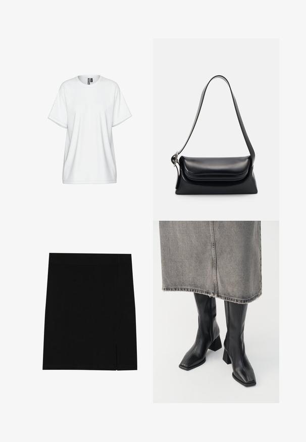 Svart avkortet jakke med brun kordfløyelskrage, frontglidelås, elastiske mansjetter og hem, vist på hvit bakgrunn.; Hvitt bomulls-T-skjorte med rund hals, korte ermer og løs passform. Har subtile sømdetaljer og en merkelapp i kragen.; Svart mini skjørt laget av mykt stoff med en tettsittende design, med en liten slisse på siden for ekstra detaljer.; Sorte knelengde støvler i glatt skinn med firkantet tå og blokk hæl. Brukt sammen med et grått denim skjørt med frynset kant.; Svart lærveske med en strukturert form, en jevn tekstur og en enkelt skulderrem. Har et subtilt, avrundet klaffdesign.