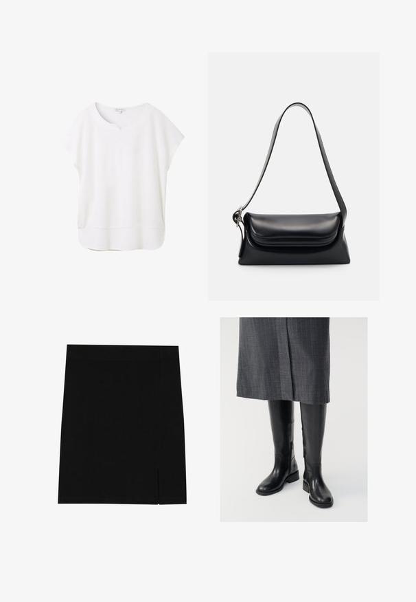 Black cropped jacket with brown corduroy collar, front zipper, elastic cuffs, and hem, displayed on white background.; White short-sleeve blouse made from soft fabric. Features a rounded neckline with a small notch and a slightly curved hem for a relaxed fit.; Black mini skirt made of soft fabric with a fitted design, featuring a slight slit on the side for added detail.; Knee-high black leather boots with a smooth texture, side zippers, and a flat sole. The boots feature a structured shaft and minimal hardware.; Black leather handbag with a structured shape, a smooth texture, and a single shoulder strap. Features a subtle, rounded flap design.