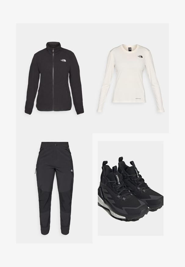 Čierna fleecová bunda s vysokým golierom, predným zipsom a dvoma bočnými vreckami. Na ľavej hrudi sa nachádza biele logo. Mäkká textúra.; The North Face SHADOW LONG SLEEVE - Top s dlhým rukávom - white dune; Čierne vonkajšie nohavice vyrobené z odolného materiálu. Obsahujú vrecká na zips, zosilnené kolenné panely a rovný strih pre pohyblivosť.; adidas Terrex TERREX FREE HIKER 2 GTX W - Turistické topánky - core black/grey six/ftwr white