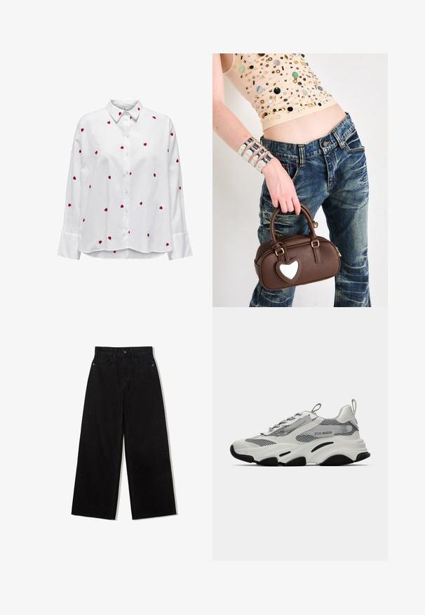 Brown plaid blazer in a structured design with peak lapels, double buttons, and two front pockets. Soft texture with a tailored fit.; White shirt with long sleeves and a classic collar, featuring red heart embroidery scattered across the fabric. Button-down front and cuffed sleeves.; Black, wide-leg jeans made of denim with a high waist, featuring a five-pocket design and a single button closure at the front.; White athletic sneakers with mesh panels, gray accents, and black rubber soles. Features laces, a pull tab, and brand labeling.; Brown leather handbag with a heart-shaped accent, rounded design, gold hardware, held by a hand; paired with distressed denim and a beaded top.