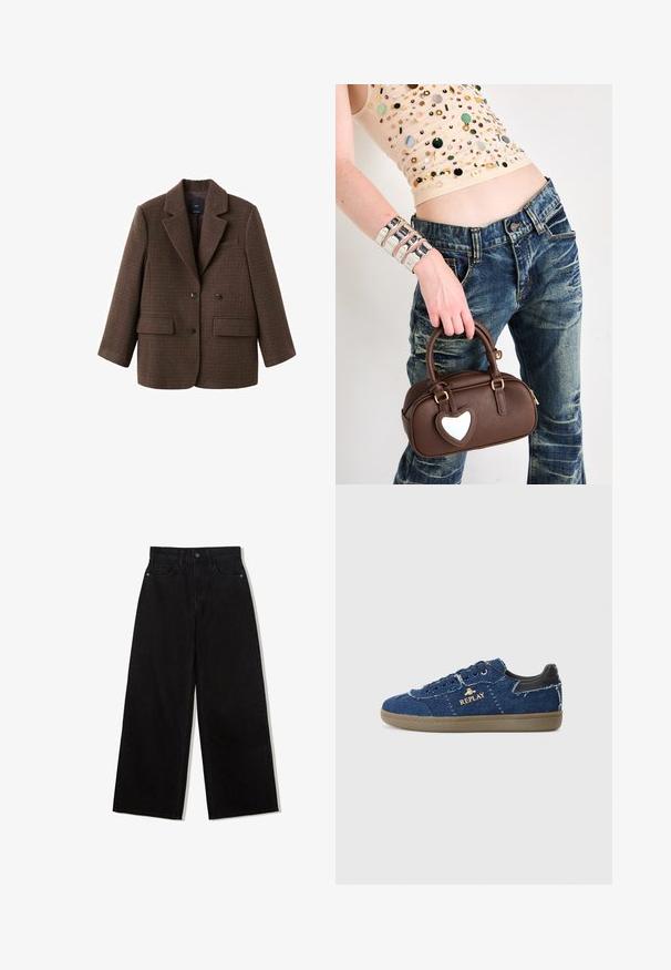 Brown plaid blazer in a structured design with peak lapels, double buttons, and two front pockets. Soft texture with a tailored fit.; Leopard-print bodysuit with a scoop neck, sleeveless design, soft fabric, and snap closure at the bottom. Color palette includes beige and black.; Black, wide-leg jeans made of denim with a high waist, featuring a five-pocket design and a single button closure at the front.; Replay PYPER - Trainers - blue; Brown leather handbag with a heart-shaped accent, rounded design, gold hardware, held by a hand; paired with distressed denim and a beaded top.