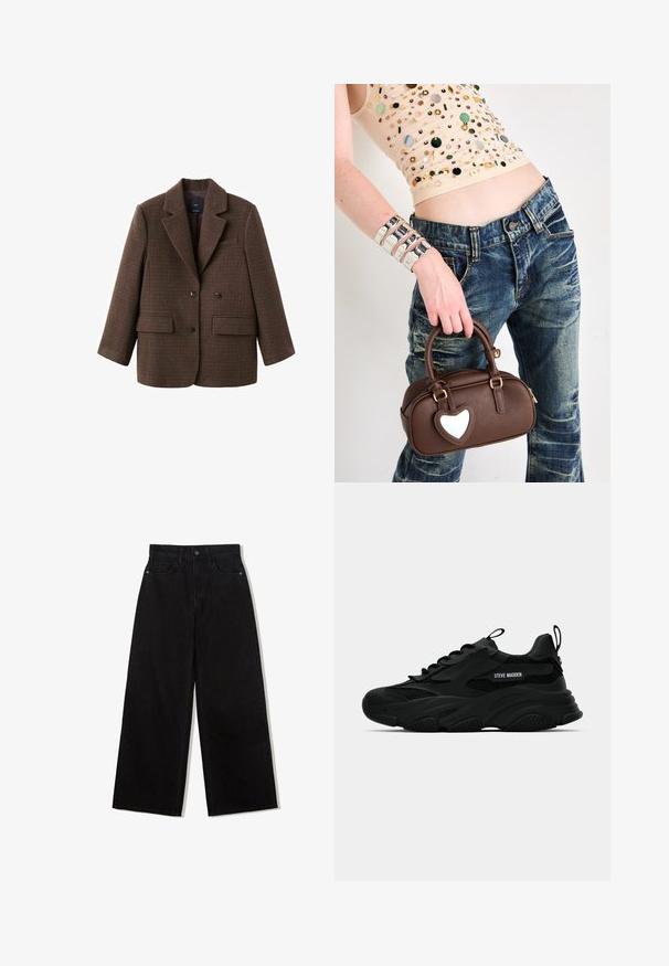 Brown plaid blazer in a structured design with peak lapels, double buttons, and two front pockets. Soft texture with a tailored fit.; Leopard-print bodysuit with a scoop neck, sleeveless design, soft fabric, and snap closure at the bottom. Color palette includes beige and black.; Black, wide-leg jeans made of denim with a high waist, featuring a five-pocket design and a single button closure at the front.; Black Steve Madden chunky sneaker with mesh panels, thick sole, pull tabs on tongue and heel, side logo lettering, shown in profile.; Brown leather handbag with a heart-shaped accent, rounded design, gold hardware, held by a hand; paired with distressed denim and a beaded top.