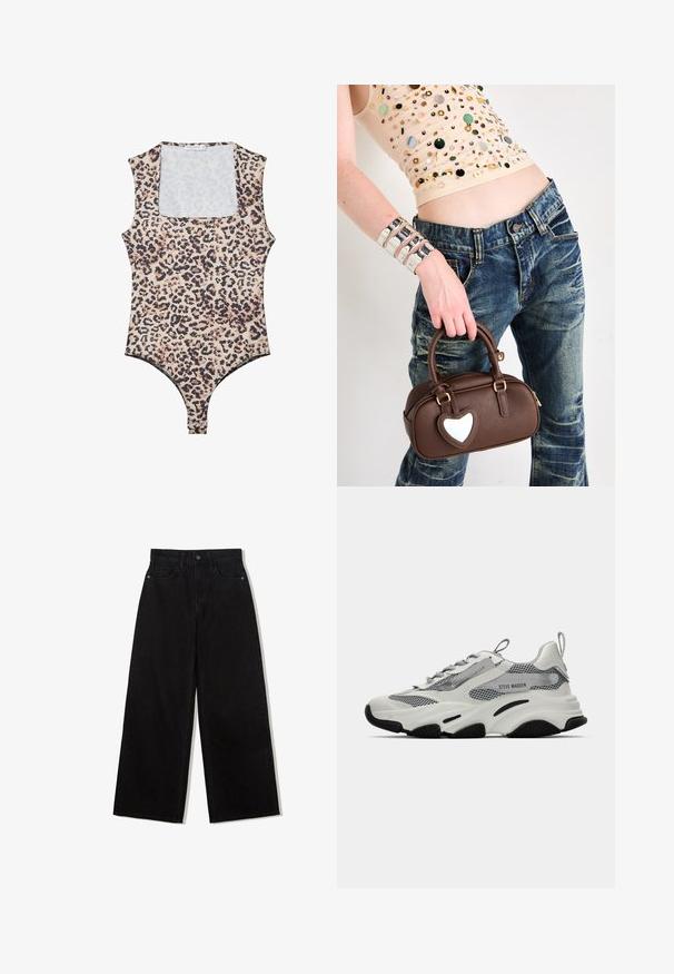Blazer a quadri marroni con design strutturato, rever a punta, doppio bottone e due tasche frontali. Tessuto morbido con vestibilità sartoriale.; Body leopardato con scollo rotondo, senza maniche, realizzato in tessuto morbido e dotato di chiusura a scatto nella parte inferiore. La palette di colori include beige e nero.; Jeans neri a gamba larga in denim con vita alta, dotati di un design a cinque tasche e una chiusura con un solo bottone nella parte anteriore.; Sneaker sportive bianche con pannelli in rete, dettagli grigi e suole in gomma nera. Presentano lacci, un inserto per il pollice e etichettatura del marchio.; Borsa in pelle marrone con un accento a forma di cuore, design arrotondato, accessori in metallo dorato, tenuta da una mano; abbinata a jeans distressed e a una maglietta con perline.