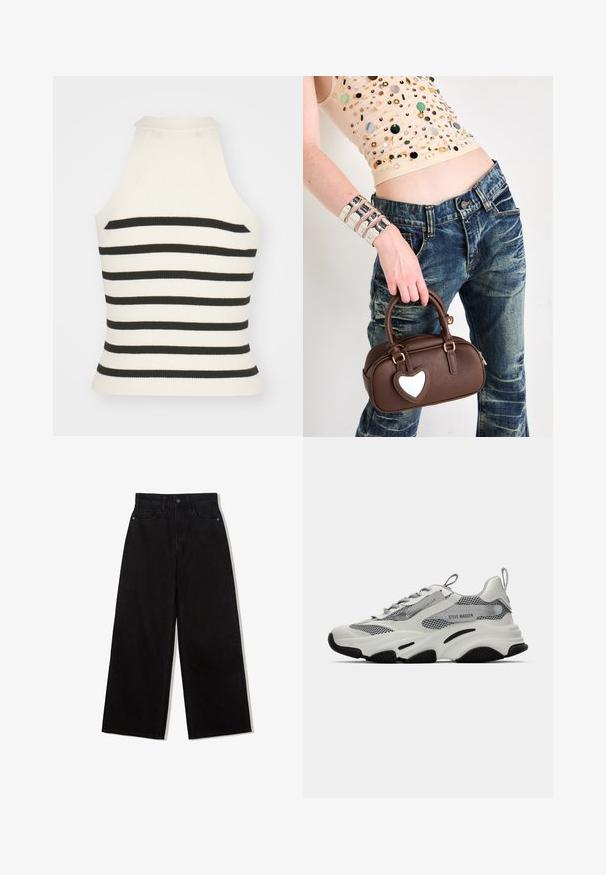 Brauner karierter Blazer in strukturierter Gestaltung mit schmalen Revers, doppelten Knöpfen und zwei vorderen Taschen. Weiche Textur mit taillierter Passform.; Ribbed Hals-top in Creme und Schwarz gestreift. Mit einem taillierten Design, hohem Kragen und ärmellosem Schnitt. Strukturierter Stoff.; Schwarze, weit geschnittene Jeans aus Denim mit hoher Taille, die ein Fünf-Taschen-Design und einen einzelnen Knopfverschluss vorne aufweist.; Weiße Sportsneakers mit Mesh-Elementen, grauen Akzenten und schwarzen Gummisohlen. Verfügt über Schnürsenkel, eine Zuglasche und Markenkennzeichnung.; Braune Ledertasche mit herzförmigem Akzent, abgerundetem Design, goldenen Beschlägen, gehalten von einer Hand; kombiniert mit verwaschenem Denim und einem bestickten Top.