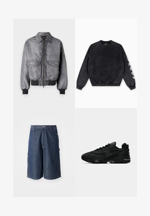 Casaco bomber cinza com uma textura suave, fecho de correr à frente, dois grandes bolsos no peito e punhos e bainha canelados. Apresenta um design de colarinho clássico.; Sweatshirt preta feita de material macio, com decote redondo, punhos canelados e um desenho gráfico branco na manga esquerda.; Calções de ganga azul-escuro com corte reto, cinco bolsos e costuras visíveis. Apresentam um fecho de botão e passantes para cinto.; Ténis de corrida pretos com um upper texturizado, apresentando um logótipo proeminente, sola grossa e subtis acentos cinzentos ao longo do design.