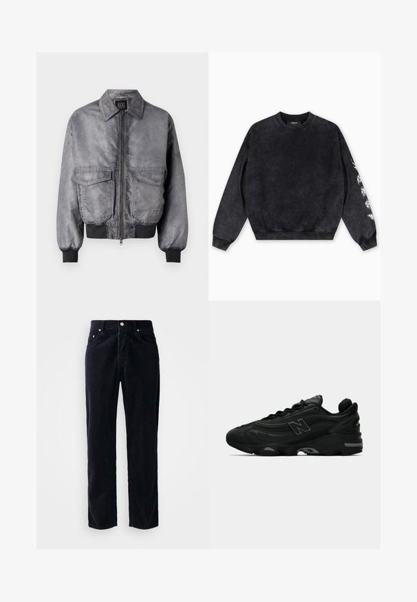 Giubbotto bomber grigio con una texture liscia, chiusura a zip frontale, due grandi tasche sul petto e polsini e orlo a coste. Presenta un design classico del colletto.; Felpa nera realizzata in materiale morbido, con scollo rotondo, polsini a costine e un motivo grafico bianco sulla manica sinistra.; Pantaloni di velluto a coste blu navy con taglio dritto, cinque tasche e chiusura con bottone. Presentano una texture a coste verticali e dettagli in metallo.; Scarpe da ginnastica nere con una tomaia testurizzata, caratterizzate da un logo prominente, una suola spessa e sottili accenti grigi lungo il design.