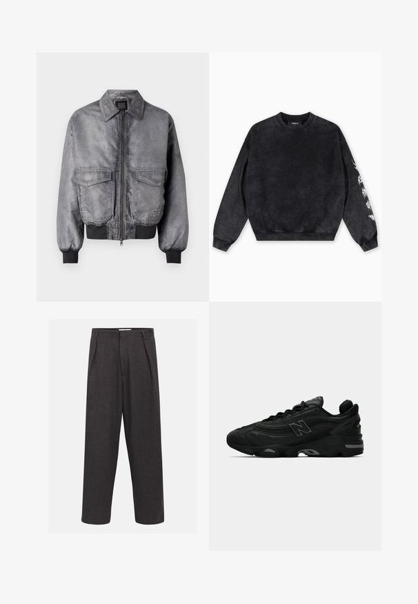 Giubbotto bomber grigio con una texture liscia, chiusura a zip frontale, due grandi tasche sul petto e polsini e orlo a coste. Presenta un design classico del colletto.; Felpa nera realizzata in materiale morbido, con scollo rotondo, polsini a costine e un motivo grafico bianco sulla manica sinistra.; Pantaloni grigio scuro a righe sottili con vestibilità ampia, pince frontali e una superficie liscia, dotati di una vita standard e senza elementi metallici visibili.; Scarpe da ginnastica nere con una tomaia testurizzata, caratterizzate da un logo prominente, una suola spessa e sottili accenti grigi lungo il design.