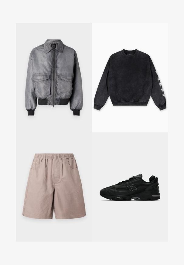 Jachetă bomber gri cu o textură netedă, fermoar frontal, două buzunare mari pe piept și manșete și tiv ribbit. Prezintă un design clasic al gulerului.; Hanorac negru din material moale, cu guler rotund, manșete riburate și un design grafic alb pe mâneca stângă.; Pantaloni scurți din bumbac bej, cu un tiv elastic, două buzunare laterale și detalii de cusătură subtile. Textură netedă, design de lungime până la genunchi.; Tenisi sport negri cu un exterior texturat, având un logo proeminent, o talpă groasă și accente subtile de gri pe întreaga design.