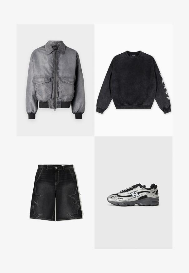 Sivá bomber bunda s hladkou textúrou, predným zipsom, dvoma veľkými náprsními vreckami a rebrovanými manžetami a spodným lemom. Disponuje klasickým dizajnom goliera.; Čierna mikina vyrobená z jemného materiálu, s okrúhlym výstrihom, rebrovanými manžetami a bielym grafickým motívom na ľavom rukáve.; Čierne denimové šortky s voľným strihom, s rozstrapkanými hviezdami po stranách a kontrastným žltým prešívaním.; Strieborné a čierne športové topánky s priedušným zvrškom, polstrovanou podrážkou, šnurovaním a bočným logom.