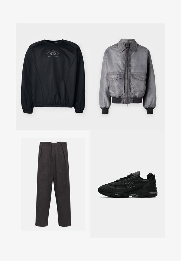 Grijze bomberjack met een gladde textuur, rits aan de voorkant, twee grote borstzakken en ribgebreide manchetten en zoom. Heeft een klassiek kraagontwerp.; Zwarte sweatshirt met ronde hals, ribgebreide manchetten en zoom. Bevat een subtiele grafische print op de borst en een gladde, lichtgetextureerde stof.; Donkergrijze pinstriped broeken met een losse pasvorm, voorplooien en een soepele textuur, met een standaard tailleband en zonder zichtbare hardware.; Zwarte sportieve sneakers met een gestructureerde bovenkant, voorzien van een opvallend logo, dikke zool en subtiele grijze accenten in het ontwerp.