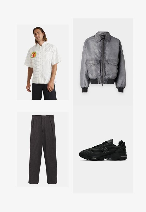 Graue Bomberjacke mit glatter Textur, Reißverschluss vorne, zwei großen Brusttaschen und gerippten Bündchen und Saum. Mit klassischem Kragendesign.; Weißes kurzärmliges Hemd mit schwarzen vertikalen Streifen, das auf der linken Brust ein buntes Obststickerei und eine einzelne Fronttasche aufweist.; Dunkelgraue gestreifte Hose mit lockerer Passform, Vorderfalten und glatter Textur, ausgestattet mit einem Standardbund und ohne sichtbare Beschläge.; Schwarze Sport Sneakers mit einer strukturierten Oberfläche, die ein auffälliges Logo, eine dicke Sohle und subtile graue Akzente im Design aufweisen.