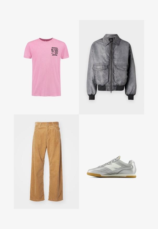 Šedá bomber bunda s hladkou texturou, zipovým uzavřením, dvěma velkými náprsními kapsami a žebrovanými manžetami a lemem. Má klasický design límce.; Růžové bavlněné tričko s krátkým rukávem a kulatým výstřihem. Černý potištěný grafický design na levé části hrudi. Měkká textura.; Bavlněné široké kalhoty z kordu v odstínu tan. Mají texturované, vertikální pruhy, standardní pas a dvě přední kapsy.; Stříbrná sportovní obuv s hladkým, lesklým povrchem, bílým logem na boku, texturovanými šedými tkaničkami a podešví z gumové pryže.