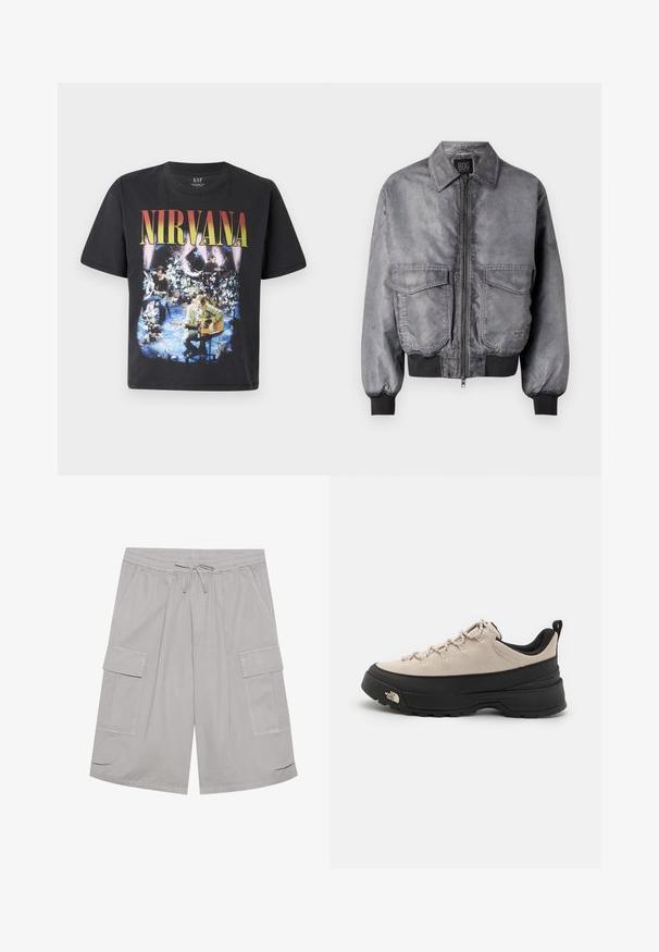 Šedá bomber bunda s hladkou texturou, zipovým uzavřením, dvěma velkými náprsními kapsami a žebrovanými manžetami a lemem. Má klasický design límce.; Černé bavlněné tričko s kulatým výstřihem, na kterém se nachází barevná grafika Nirvany z členů kapely hrajících na nástroje v květinovém prostředí.; Šedé cargo šortky s elastickým pasem, stahovací šňůrkou, dvěma bočními kapsami a dvěma velkými cargo kapsami. Hladký textilní povrch.; Béžová nubuková turistická obuv s černou gumovou podrážkou, texturovanými detaily a reflexními tkaničkami. Má poutko pro snadné obouvání.