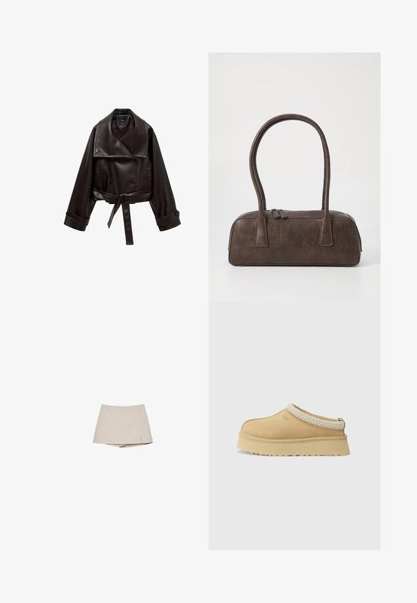 Brun læder cropped jakke med bred krave, dobbeltbrystet knaplukning og taljebånd. Har store manchetter med knapdetaljer.; Brun strikket sweater med rund halsudskæring, sænkede skuldre og ribstrikkede manchetter. Blød tekstur, cropped design og løs pasform.; Beige kvinders skorts med en let frontslids og tilknyttede shorts nedenunder, vist på en hvid baggrund.; Tan ruskind slip-on sko med en polstret krave og en tekstureret lyseblå accent. Har en tyk, holdbar ydersål med et mønstret slidbane.; Brun lædertaske med to robuste håndtag, rektangulær form, glat tekstur og lynlås lukning. Minimalistisk design uden synlige mønstre.
