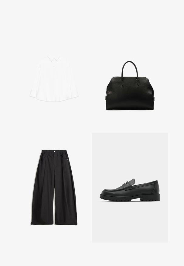 Ruskea nahkainen lyhyt takki, jossa on leveä kaulus, kaksirivinen napitus ja vyö vyötäröllä. Takissa on suuret hihansuut, joissa on napit.; Valkoinen pitkähihaisessa paidassa on terävä kaulus, napituksen etuosa ja ylisuuri, rento istuvuus. Teksturoitu kangas, jossa on minimaalinen muotoilu.; Musta leveälahkeinen housu korkean vyötärön kanssa, jossa on laskokset, etupainike ja kaksi sivutaskua. Valmistettu tekstiilistä, jossa on tekstuurinen pinta.; Musta nahkaloafers, joissa on pyöreä kärki, ommeltu pinta, matala alusta ja kuvioitu, kuminen ulkopohja.; Musta nahkainen kantokassi, jossa on kivetty pinta, jämäkkä muoto, kaksinkertaiset kahvat ja hopeiset yksityiskohdat sivuilla.