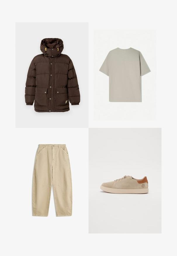 Hnědá prošívaná bunda s vysokým límcem, několika druky, velkými předními kapsami a žlutými detaily na šňůrkách kapuce.; Béžové bavlněné tričko s krátkým rukávem. Má jednoduchý design a kulatý výstřih. Hladká textura s minimálním šitím na zadní straně.; Široké bežové kalhoty z bavlny s vysokým pasem, vybavené předními kapsami a předním zapínáním na knoflík. Hladká textura s čistými švy.; Krémové semišové tenisky se šitým vzorem, světlou gumovou podrážkou a hnědými koženými detaily na patě a logu.