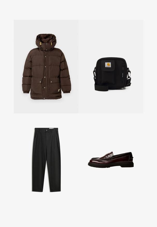 Braune gesteppte Jacke mit hohem Kragen, mehreren Druckknöpfen, großen Vordertaschen und gelben Akzenten an den Kordeln der Kapuze.; Blaues Kurzarm-T-Shirt mit weißem Blumenmotiv und dem Text "Verdant Reverie Prohibited Clothing GmbH Berlin" auf dem Rücken.; Schwarze Baumwollhose mit lockerem Schnitt, ausgestattet mit einem klassischen Bund, vorderen Falten und Seiten taschen. Glatte Textur ohne Muster.; Braune Leder Slipper mit abgerundetem Zeh, detaillierter Steppnaht und Gummisohle. Verfügt über einen dekorativen Riemen und eine glatte Textur.; Schwarze Umhängetasche aus langlebigem Stoff, mit einer Fronttasche, Reißverschlussverschluss und verstellbarem Trageriemen. Enthält ein Logo-Patch-Detail.