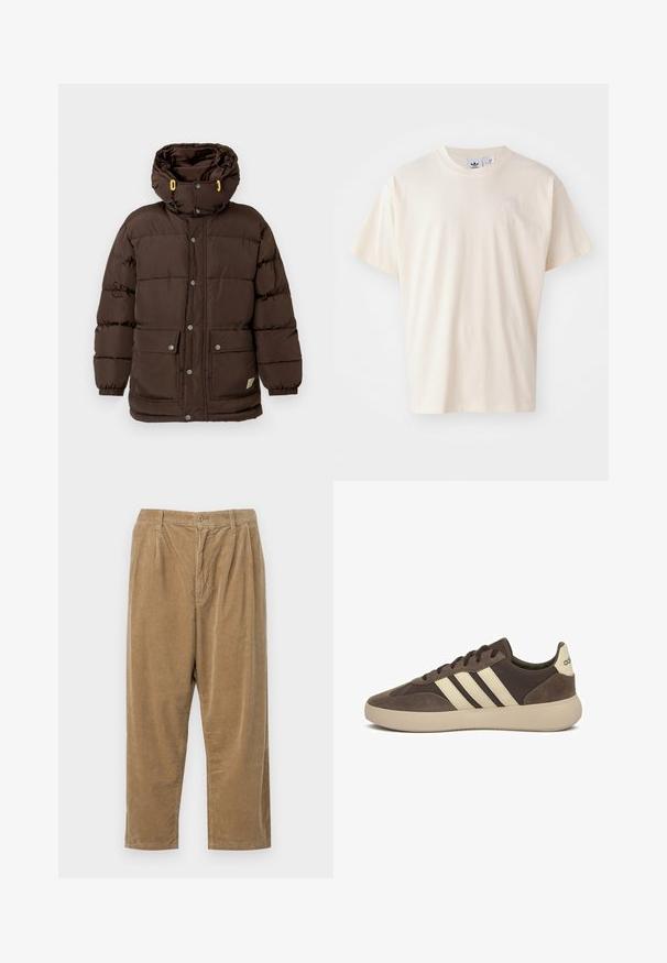 Brown padded jacket featuring a high collar, multiple snap buttons, large front pockets, and yellow accents on the hood drawstrings.; Cream cotton t-shirt with a round neckline and short sleeves; features a small, light-colored logo on the chest.; Corduroy pants in a light brown color with a textured ribbed pattern, featuring a button closure and relaxed fit.; Brown suede sneaker with three white stripes, rounded toe, thick rubber sole, and minimal branding on the heel.