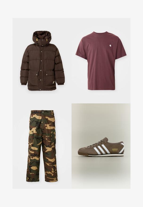 Brown padded jacket featuring a high collar, multiple snap buttons, large front pockets, and yellow accents on the hood drawstrings.; Burgundy cotton t-shirt with short sleeves, crew neck, and a small white logo on the left chest. Smooth texture, relaxed fit.; Camouflage cargo pants in green, brown, and beige. Features two large side pockets and a button closure. Made of textured fabric.; Brown suede sneaker with three white stripes, flat rubber sole, round toe, and gold "adidas Italia" logo on the side.