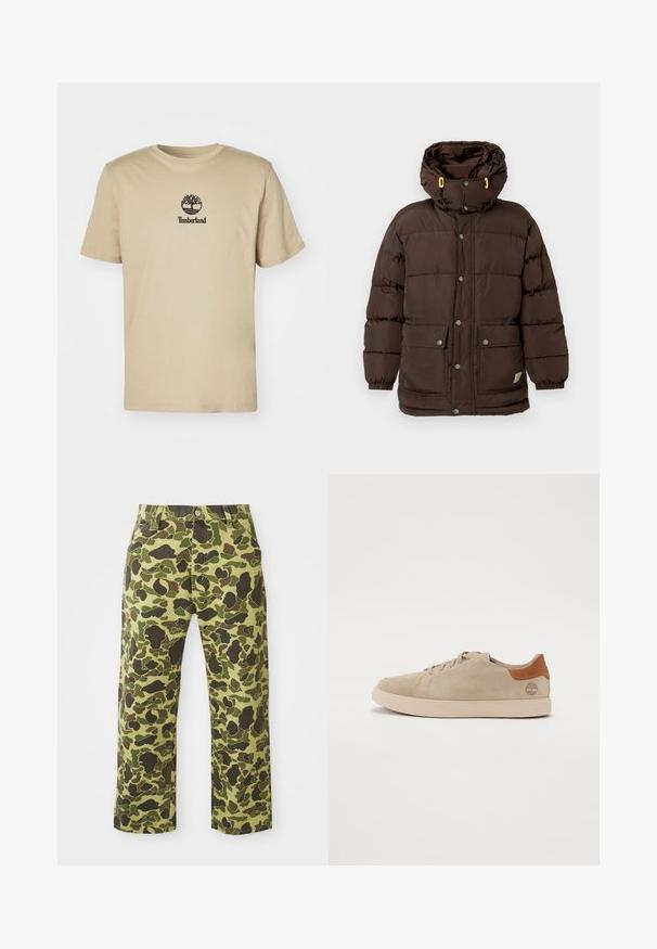 Hnedá prešívaná bunda s vysokým golierom, viacerými patentkami, veľkými prednými vreckami a žltými doplnkami na šnúrkach kapucne.; Béžové bavlnené tričko s krátkym rukávom a okrúhlym výstrihom, s čiernym logom Timberland umiestneným na hrudi. Mäkká textúra, ležérny dizajn.; Kamo nohavice s kombináciou zelených a hnedých farieb, vyrobené z bavlny, s rovnými nohavicami a prednými vreckami.; Béžové semišové tenisky so šitým vzorom, svetlý gumový podrážka a hnedé kožené akcenty na päte a logu.