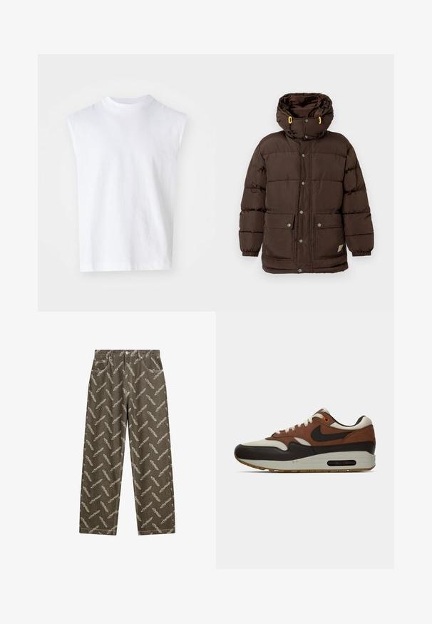 Giacca imbottita marrone con collo alto, più bottoni automatici, ampie tasche frontali e dettagli gialli sui cordoncini del cappuccio.; Top bianco senza maniche realizzato in cotone, con scollo rotondo, vestibilità comoda e texture liscia. Design semplice senza motivi o dettagli.; Pantaloni in denim khaki con un motivo a piume in tutta superficie di un beige chiaro. Vestibilità ampia con tasche standard e dettagli di cucitura a contrasto.; Sneaker Nike Air Max in marrone, crema e nero, con suola a cuscino d'aria visibile e design con lacci, mostrato in profilo laterale su uno sfondo bianco.