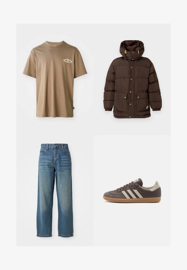 Rjava podložena jakna z visokim ovratnikom, več zaskočni gumbi, veliki sprednji žepi in rumenimi poudarki na vrvicah kapuce.; Rjava bombažna majica s kratkimi rokavi in krožnim izrezom, na levem prsnem delu pa je bel napis "Dickies Workwear".; Svijetloplavi traper široke hlače visokog struka, s pet džepova i blago izblijedjelim završetkom. Sadrži kopčanje na dugme i zatvarač.; Rjave usnjene teniske s tremi svetlimi črtami, gumijastim podplatom, zaobljenim prstom in teksturiranimi semiš detajli na peti in prstu.