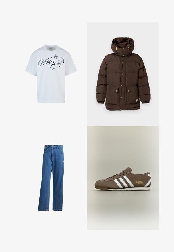 Pruun polsterdatud jakk, millel on kõrge krae, mitmed trukk-nupud, suured ees taskud ning kapuutsi paelte kollased detailid.; Valge puuvillane T-särk, millel on hõbedane kirjatükk koos tähtedega. Loodud mugavaks lõtvaks istuvuseks, lühikeste varrukatega ja ümmarguse kaeluse kujundusega.; Sinine kõrge vöökohaga avar jakkidega teksapükse, millel on ees taskud, vöökoharingid, nupuga sulgemine ja väike Adidas'i logo paremal reiel.; Pruun seemisnahast toss valgete kolmekordsete triipudega, lame kummist tallaga, ümmarguse varbaosaga ja kuldse "adidas Italia" logoga küljeribal.