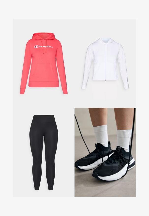 Giacca leggera bianca con zip e cappuccio, maniche lunghe e design aderente. Realizzata in tessuto liscio e traspirante con una finitura elegante.; Felpa corallo con cappuccio, in cotone, tasca frontale a marsupio, logo "Champion" bianco, cappuccio regolabile con cordino, maniche lunghe, polsini a costine.; Leggings neri realizzati in tessuto elasticizzato, con vita alta, gambe affusolate e orli a taglio vivo, caratterizzati da una texture liscia e opaca.; Scarpe sportive nere con tessuto testurizzato, suola bianca e lacci neri. Indossate con calzini bianchi a costine, in piedi su una superficie chiara.