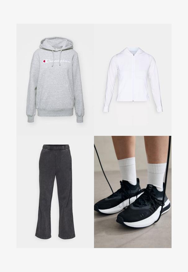 Biela, ľahká zateplená bunda s kapucňou, dlhými rukávmi a priliehavým strihom. Vyrobená z hladkej, priedušnej tkaniny s elegantným povrchom.; Champion ICONS CONTRAST LARGE LOGO - Mikina - grey melange; Zúžené tepláky v tmavosivej farbe s jemnou textúrou. Obsahujú elastický pás a vyšívané logo na boku.; Čierne športové topánky s textúrovanou tkaninou, bielou podrážkou a čiernymi šnúrkami. Nosené s bielymi rebrovanými ponožkami, postavené na svetlom povrchu.