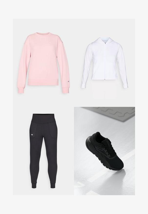 Valge, kerge pehmest materjalist tõmblukuga jakk, millel on kapuuts, pikad varrukad ja jõudnud disain. Valmistatud siledast, hingavast kangast, mis omab sujuvat viimistlust.; Roosa ribadega dressipluus pikade varrukatega, ümmarguse kaelusega ja logoga embleemiga rinnal ja varrukal. Pehme tekstuur, vöökoha juures kergelt istuv.; Mustad must-harjutuslegid, mis on valmistatud elastse materjali jaoks, kõrge vöökoha, küljetaskute ja tihedalt istuvate pahkluude vahega.; Mustvalge spordijalats, millel on võrgusilma ülemine osa, ümmargune nina, pehme talla ja tekstuuriga aktsendid, asetatuna siledale valgele pinnale.