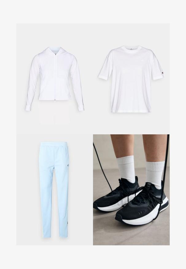 Fehér, könnyű, cipzáras dzseki kapucnival, hosszú ujjakkal és testhezálló fazonnal. Simogató, lélegző anyagból készült, elegáns felülettel.; Fehér pamut póló, kerek nyakkivágással, rövid ujjakkal és egy apró logóval a bal mellen. Lazább szabású és egyszínű.; Világoskék sportnadrág sima textúrával, rugalmas derékkal és finom mintával. A csípő közelében logó található, valamint színkiemelések az alján.; Fekete sportcipők textúrált anyagból, fehér talppal és fekete fűzőkkel. Fehér bordázott zoknikkal viselve, világos felületen állva.