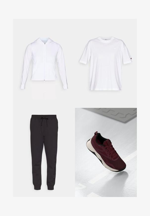 Balts, viegls, ar rāvējslēdzēju aizverams apģērbs ar kapuci, garām piedurknēm un pieguļošu dizainu. Izgatavots no gludas, elpojošas auduma ar stilīgu apdari.; Balts kokvilnas T-krekls ar apaļu kakla izgriezumu, īsām piedurknēm un mazu logo kreisajā krūtī. Iezīmējas ar brīvu piegriezumu un viendabīgu krāsu.; Champion ICONS CUFF PANTS LARGE LOGO - Treniņtērpa apakšdaļas - black; Tumši sarkani sporta apavi ar acu sietu augšdaļu, melniem akcentiem un mīksto balto zoli. Iespējas ar auklām un vilkšanas cilpu uz papēža.