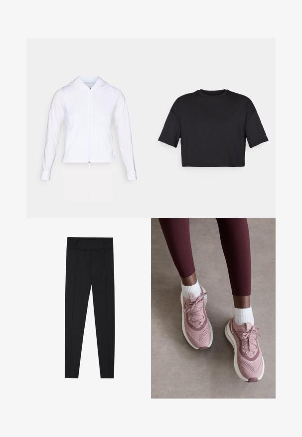 Balta, lengva užtrauktuko striukė su gobtuvu, ilgomis rankovėmis ir prigludusiu dizainu. Pagaminta iš lygaus, kvėpuojančio audinio su glotnia apdaila.; Juodas trumpas marškinėliai, pagaminti iš minkštos medžiagos, su apvalia iškirpte ir trumpomis plačiomis rankovėmis, turintys paprastą, be siūlių dizainą.; Juodos leggingai, pasižymintys lygiu paviršiumi, aukštu juosmeniu ir siuvimo detalėmis šonuose. Dailiai priglustanti forma, tinkanti įvairioms veikloms.; Šviesiai rožiniai sportiniai batai su tekstūruotu tinkliniu paviršiumi, raištelių uždarymu ir balta padu. Dėvimi su baltais puskojinėmis, derinami su bordo spalvos leggingais.